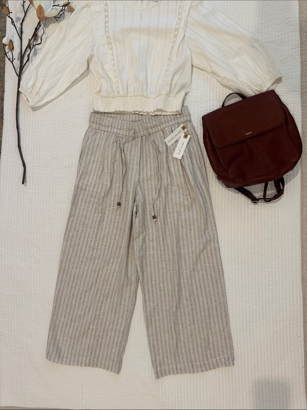 NWT Linen-Blend Wide Leg Stripe Pants in Beige and Cream Size Small - Picture 3 of 10